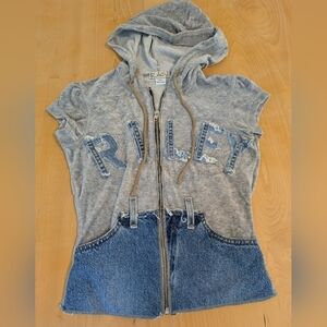 Riley Gray and Blue Hooded Zip-Up Velvet Denim Top